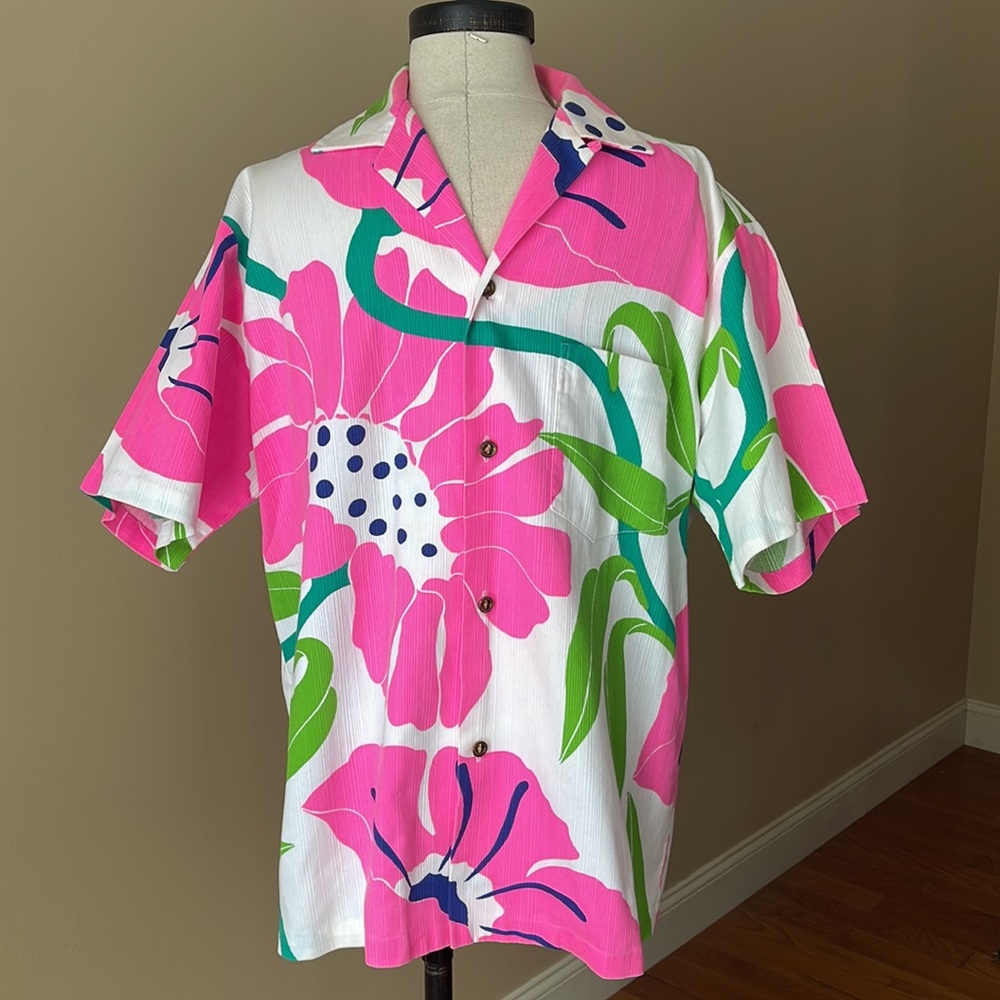 Alfred Shaheen Hawaiian Vintage Floral Shirt Mens Large Pink Tropical RARE PRINT
